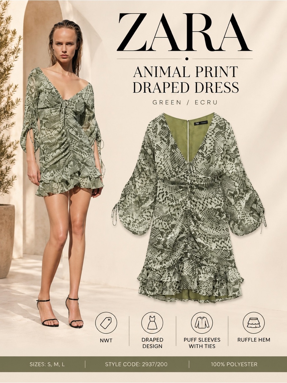 ZARA Green Ecru Animal Print Draped Mini Dress NWT L